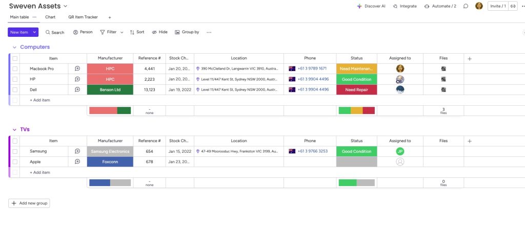 QR code asset tracking monday